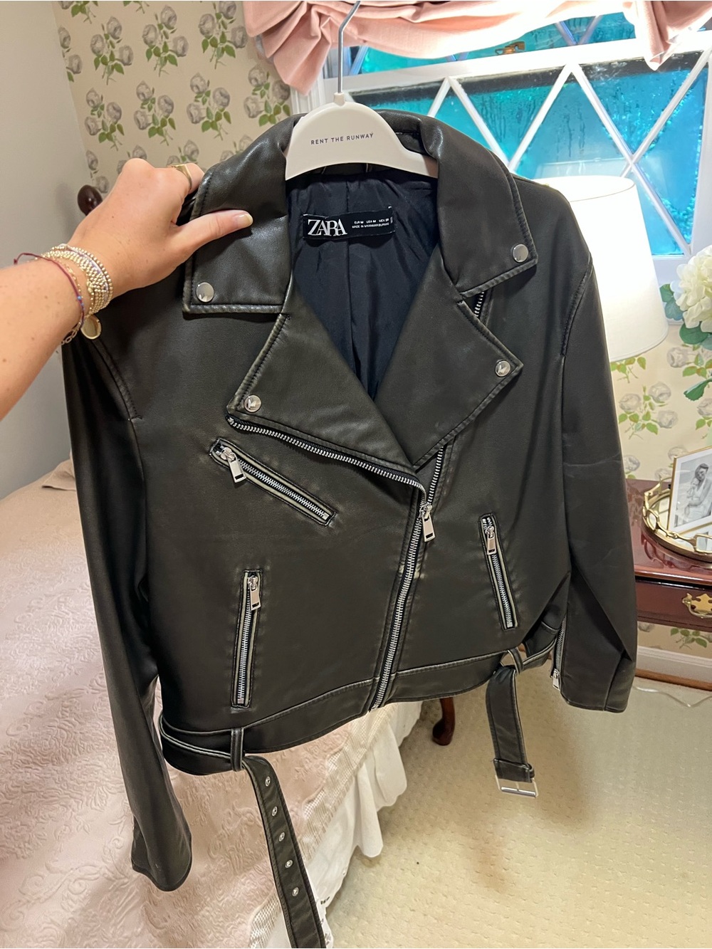 ZARA Black Faux Leather Moto Jacket with Belt